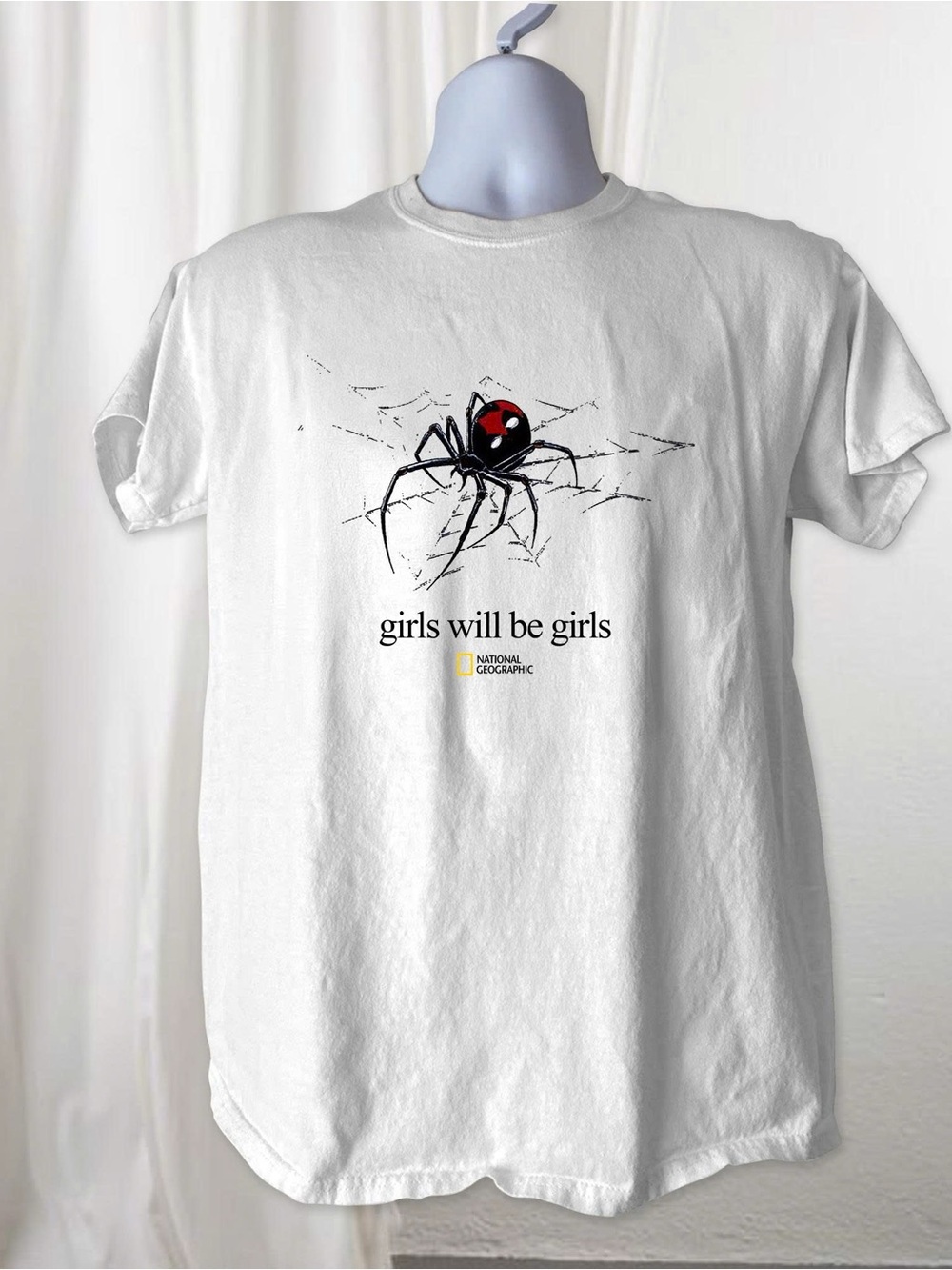 Gildan White Tee with Black Spider “ girls will be girls” TShirt